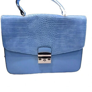 Iman Global Chic Satchel /Crossbody Light Blue Flower Garden Gold Hardware NWOT